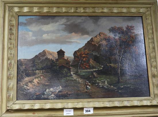 Italian School (19th Century), oil on canvas, traveller in a mountain landscape, 38 x 58cm